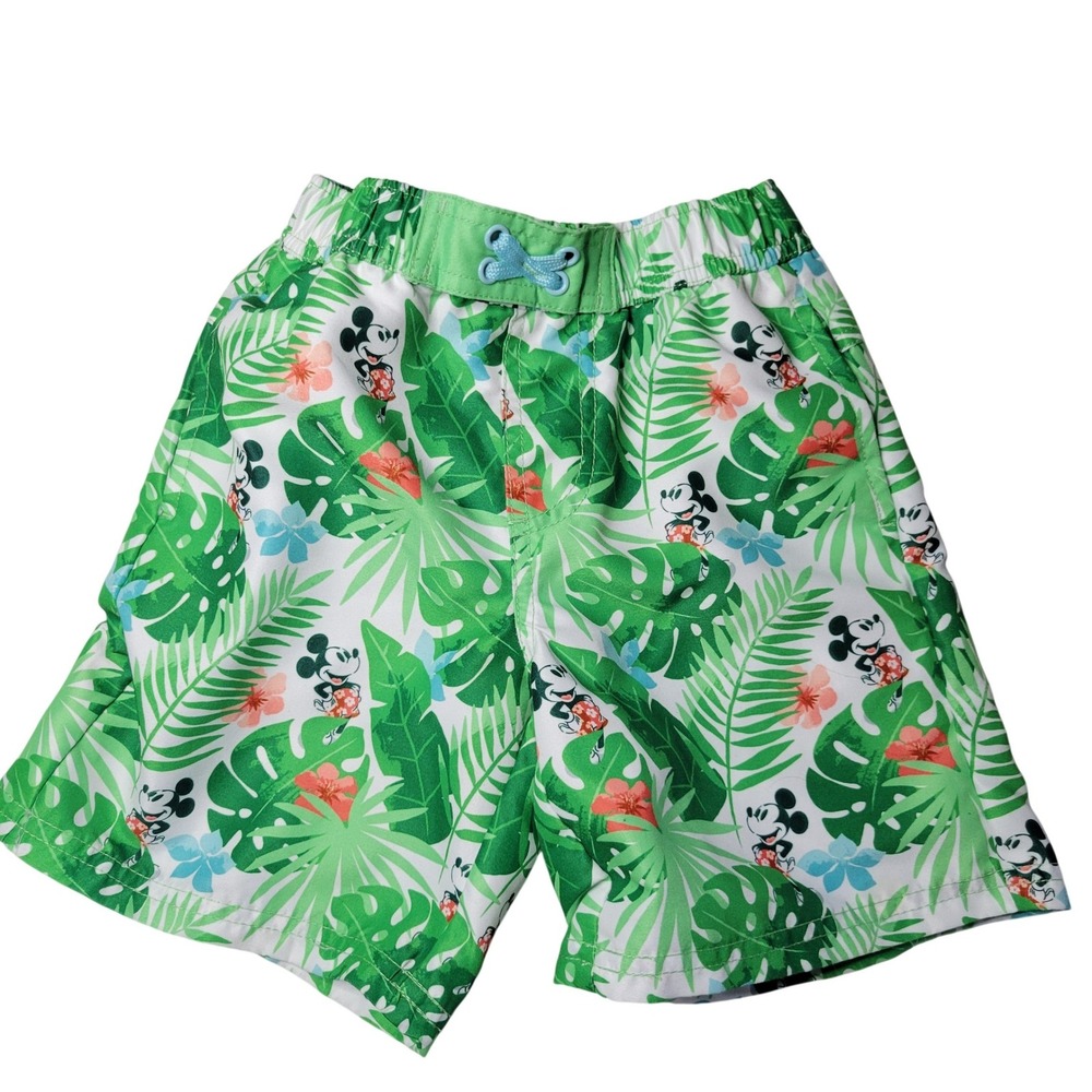 Disney Mickey Mouse Tropical Palm Leaf Boys Swim Trunks Green White Size 5/6